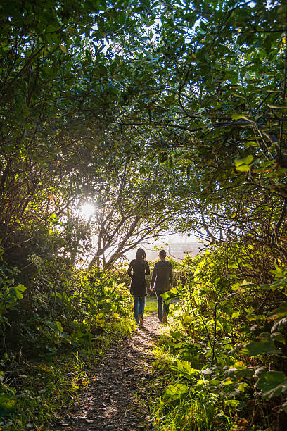 istock Two women walk along forest path, sunrise 670383249