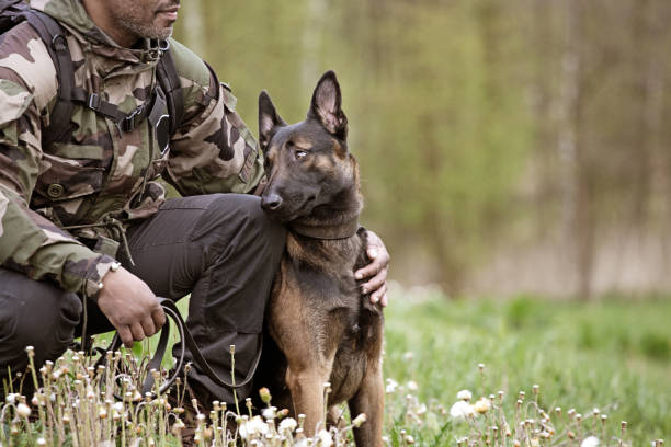 Handsome black middle aged man sitting with dog Handsome black middle aged man sitting with dog woodland camo stock pictures, royalty-free photos & images