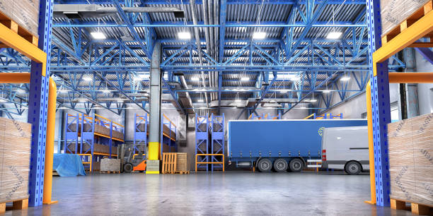 istock Concept of warehouse. The forklift in the big warehouse on blurred background. 3d illustration 670398400