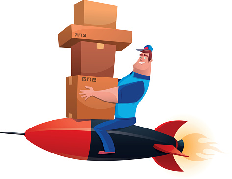 vector illustration of cheerful courier with cartons sitting on rocket