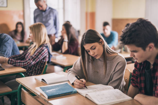 istock Female student and her classmate learning together in the classroom. 670415010