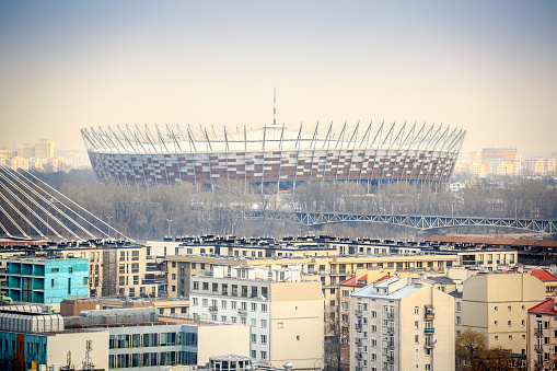 Modern settlements and national stadium in Warsaw, Poland