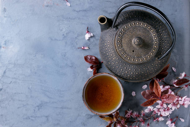 istock Teapot and cup of tea with blossom branch 670421384