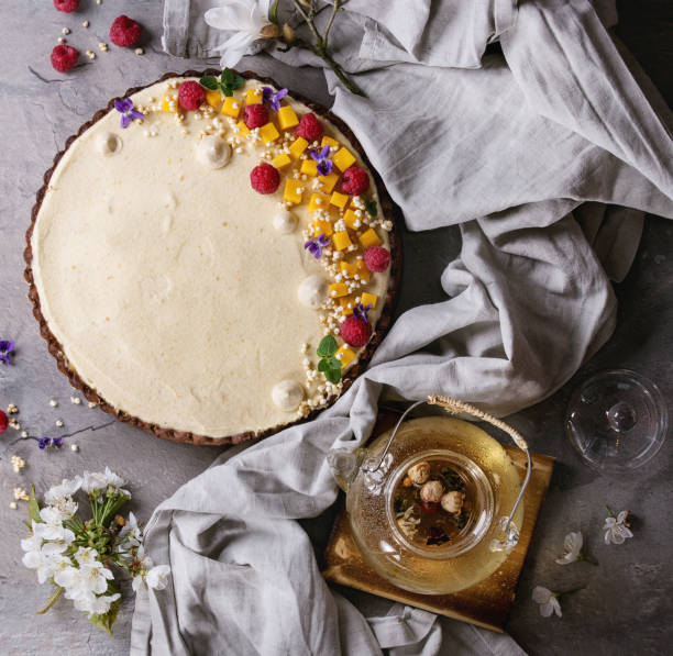 istock Chocolate tart with mango and raspberries 670421548