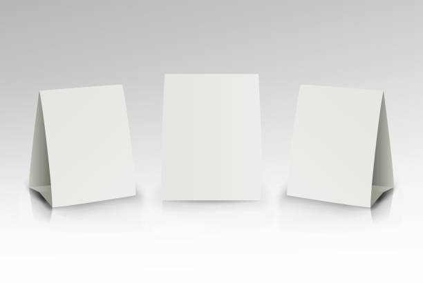 istock White Paper Stand Table Tag Flyer Vector Stationery Brochure. Paper Vertical Cards On White Background With Reflections. Front, Left And Right View 670430366