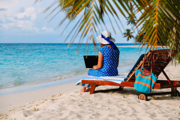 istock remote work cocept -woman with laptop on beach 670433372