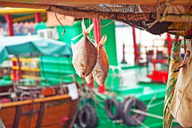 fish hanging on a boats roof to dry in the sun fish hanging on a boats roof to dry in the sun aberdeen hong kong photos stock pictures, royalty-free photos & images