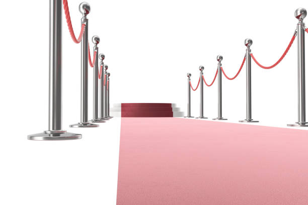 istock Red event carpet isolated on white background, between two rope barriers. 3d rendering 670447882