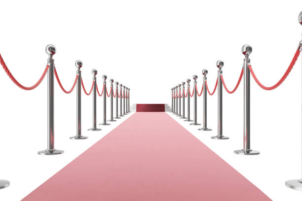 istock Red carpet isolated on white background. 3d rendering of silver stanchions and ropes between them 670447894