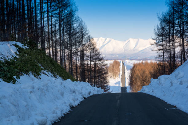 Spring agricultural road and snow mountain Spring agricultural road and snow mountain in Hokkaido Japan 丘 stock pictures, royalty-free photos & images