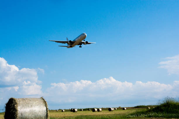 Grass roll and airplane Grass roll and airplane with blue sky 飛行機 stock pictures, royalty-free photos & images