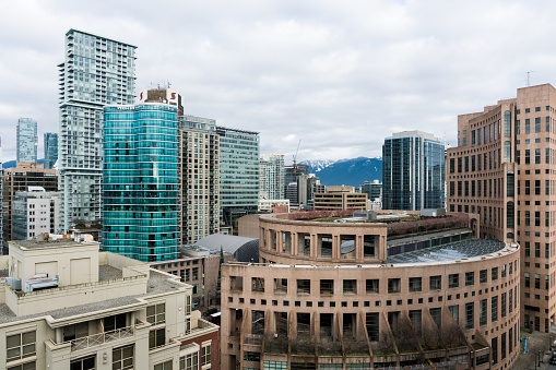 Vancouver, Canada - January 28, 2017: Vancouver public library from high view point with other high rise buildings.