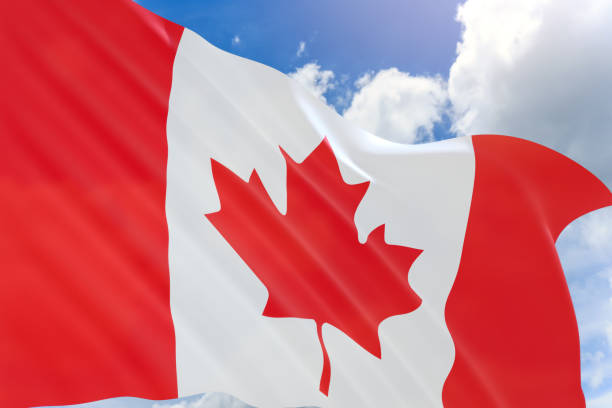 istock 3D rendering of Canada flag waving on blue sky background 670453272
