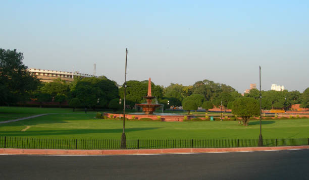Indian Parliament building complex and adjacent landscaped park in New Delhi, India