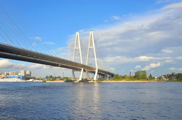 Photo of Cable stayed bridge and Neva river.