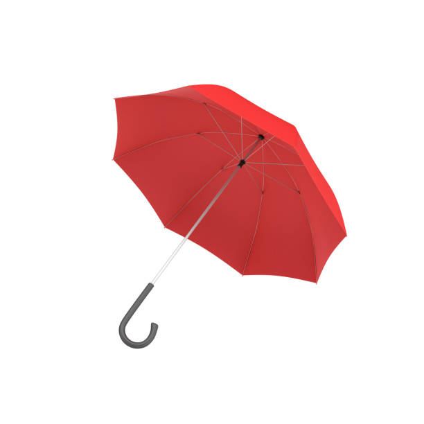 istock 3d rendering of an open red umbrella with a black curved handle isolated on white background 670467972