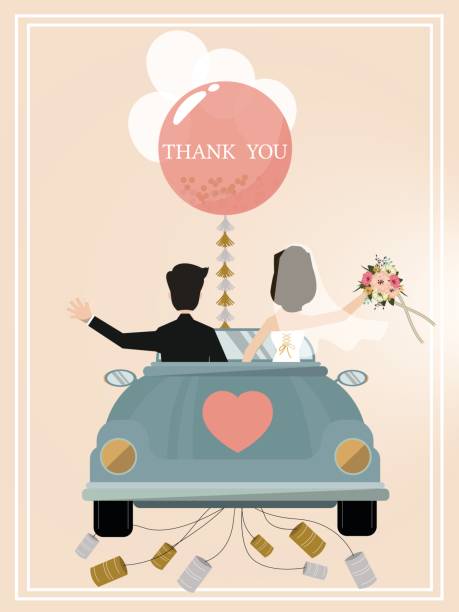 新婚者のカップルは新婚のビンテージ コンバーチブル車を運転します。 - newlywed点のイラスト素材／クリップアート素材／マンガ素材／アイコン素材