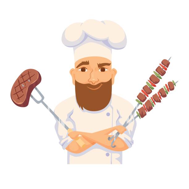 Chef cooking BBQ Chef cooking BBQ in restaurant or hotel kitchen. Cute cook in uniform holding barbecue meat steak and vegetable. Cartoon smile kitchener making food on picnic. Professional master catering service chief of staff stock illustrations