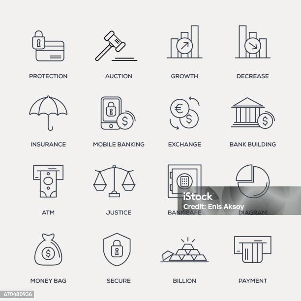 Finance Icon Set Line Series Stock Illustration - Download Image Now - Justice - Concept, Gavel, Graph