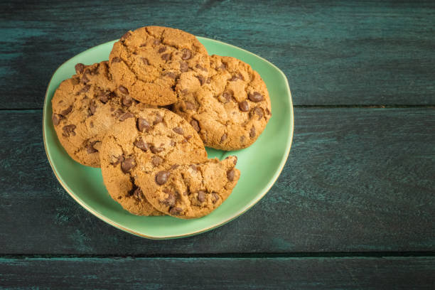 istock A teal plate of chocolate chips cookies with copyspace 670485006
