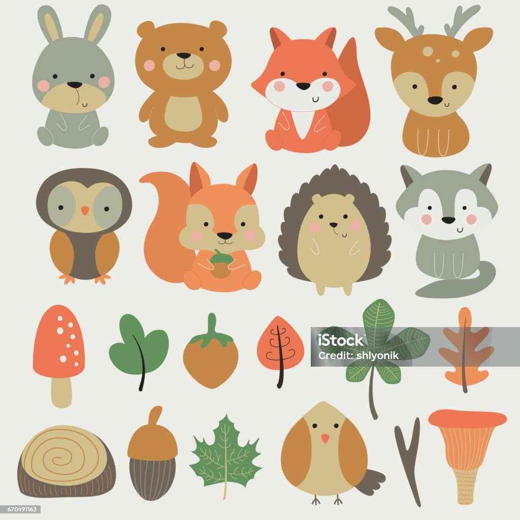 forestsmallanimalset Vector forest set with cute hare, bear, fox, deer, owl, squirrel, hedgehog, wolf, bird, mushrooms, nuts and leaves in cartoon style Animal stock vector