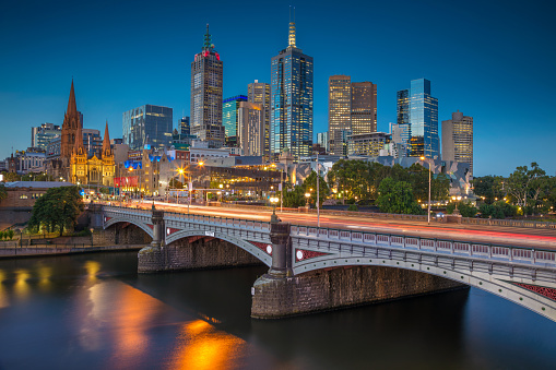 Cityscape image of Melbourne, Australia during twilight blue hour.
