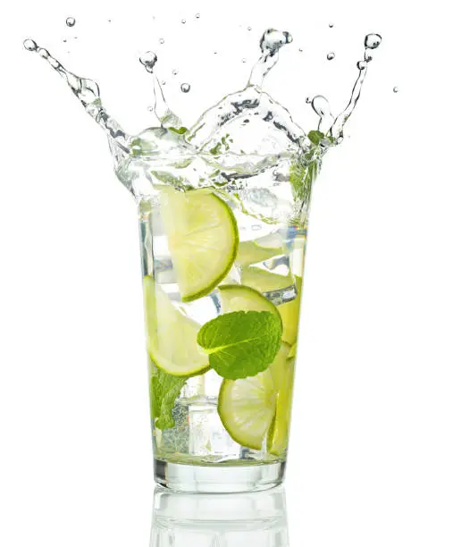 Photo of mojito splashing on white background