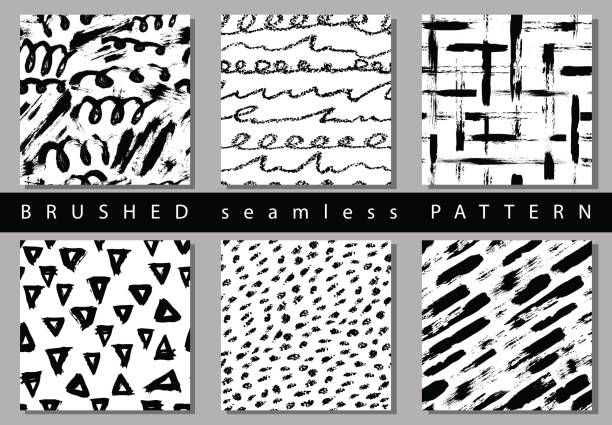 Vector Set of seamless pattern with brush stripes and strokes. Black color on white background. Hand painted grange texture. Ink geometric elements. Fashion modern style. Endless fabric retro print. Vector Set of seamless pattern with brush stripes and strokes. Black color on white background. Hand painted grange texture. Ink geometric elements. Fashion modern style. Endless fabric retro print. 1970 pictures stock illustrations
