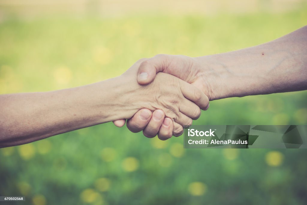 Spring Handshake Hands Doing A Handshake With Green Spring Background Stock Photo ...