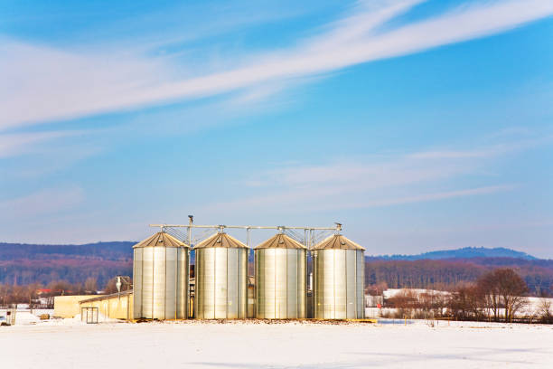 istock landscape with silo and snow white acre with blue sky 670502586