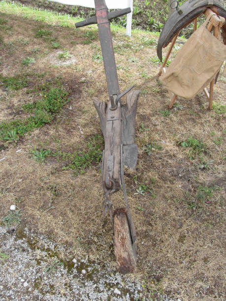 istock Agricultural old wooden plow on the ground 670503684
