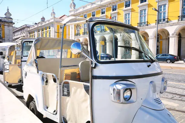 Close up view of tuk tuk on street of Lisbon in Portugal