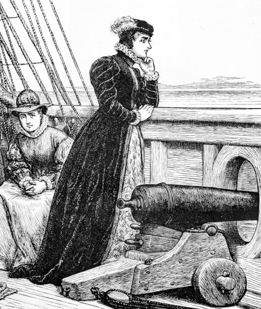 Mary Queen of Scots on a ship An image of Mary Queen of Scots on a ship charles dickens stock illustrations