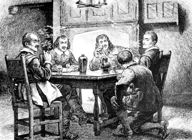 Oliver Cromwell and comrades at a table An image of Oliver Cromwell and comrades at a table charles dickens stock illustrations