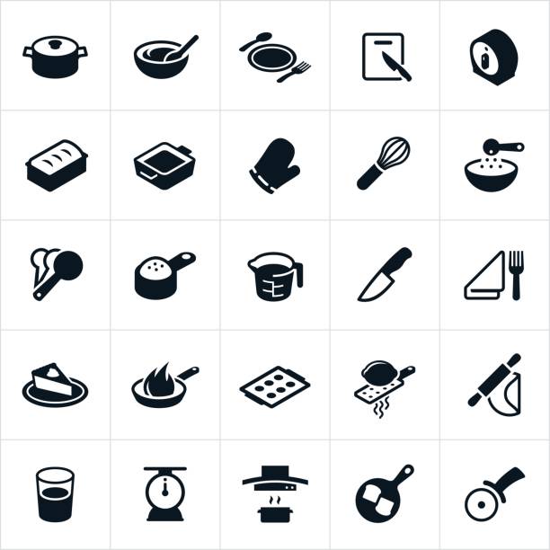 주방 용품, 식기 및 취사 도구 아이콘 - baking computer icon symbol cooking stock illustrations