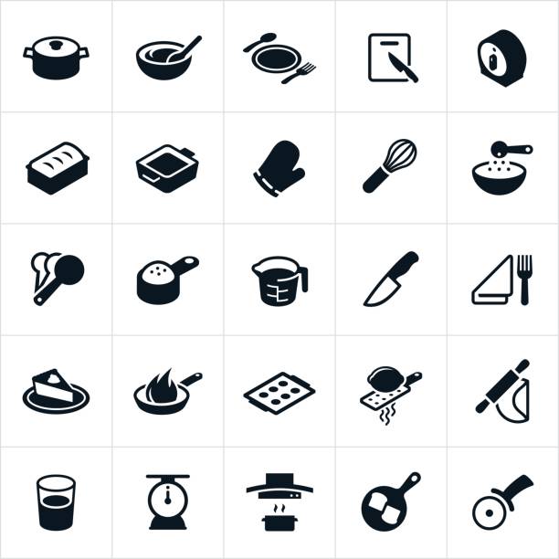 Kitchen Utensils, Dishware and Cookware Icons Kitchen utensils, dish ware and cookware icons. The icons include a pot, pan, mixing bowl, utensils, plate, place setting, cutting board, timer, bread pan, dishes, oven mitt, wire whisk,, measuring spoons, measuring cup, knife, baking sheet, lemon zester, rolling pin, drinking glass, scale, range hood, frying pan and pizza cutter. mixing bowl icon stock illustrations