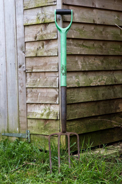 istock Rusting Garden Fork and Old Wooden Garden Shed 670511252