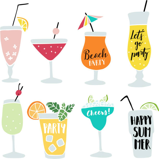 Set of hand drawn alcoholic drinks, cocktails with lettering quotes. Summer holiday and beach party concept. Isolated vector icons Set of hand drawn alcoholic drinks, cocktails with lettering quotes. Summer holiday and beach party concept, isolated vector icons. ice drawings stock illustrations