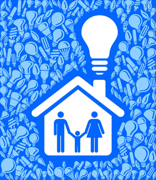 family home glühbirne blau vektor hintergrundmuster - light bulb blue energy fuel and power generation stock-grafiken, -clipart, -cartoons und -symbole