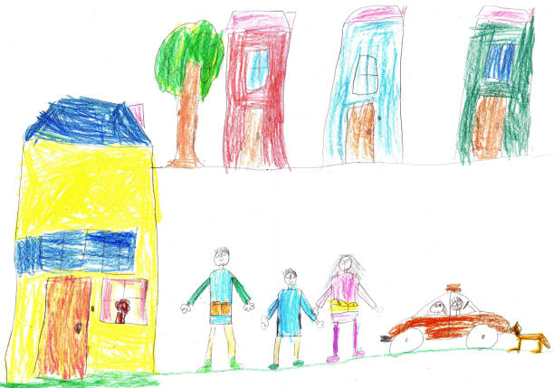istock Child's drawing a happy family and car 670520242