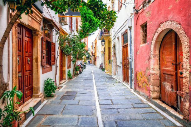 Charming streets of old town in Rethymno.Crete island, Greece Traditional street restaurants and streets of Greece. Crete island charming stock pictures, royalty-free photos & images