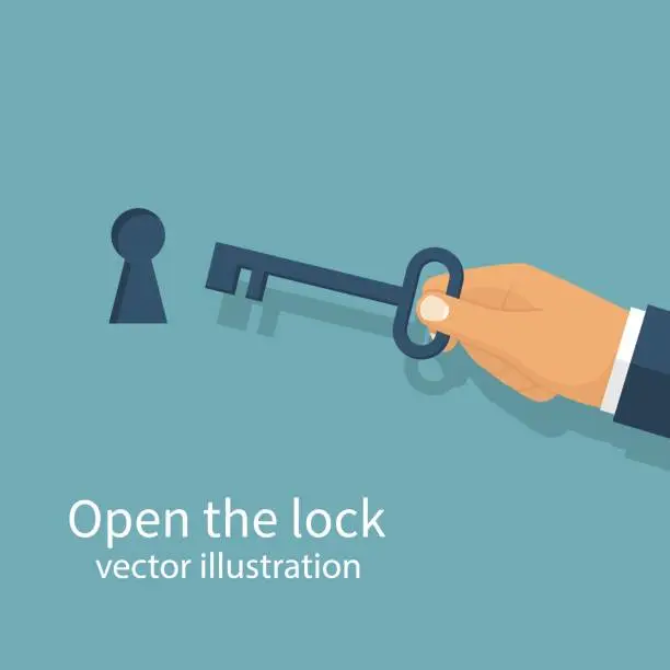 Vector illustration of Key in hand holds man.