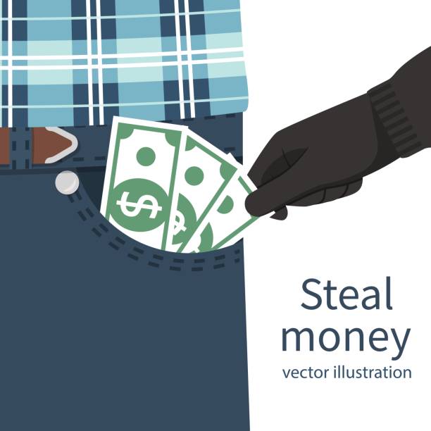 Steal money concept Steal money concept. Pickpocket in gloves stealing out of pocket businessman cash. Money, dollars hold in hand. Vector illustration flat design. Isolated on white background. Criminal financial fraud. pickpocketing stock illustrations