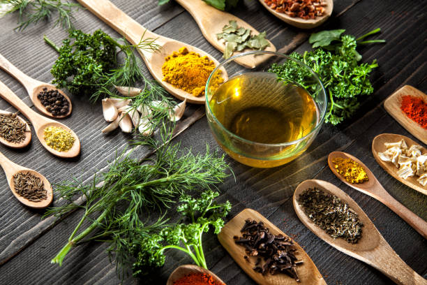 istock Various spice on wooden spoons with herbs 670526242
