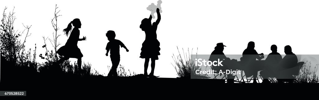 Backyard BBQ Friends A vector silhouette illustration of chrildren playing in a field near adults sitting at a table. In Silhouette stock vector