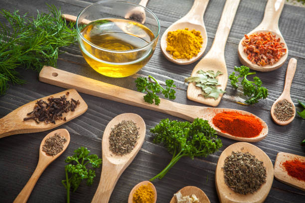 istock Various spice on wooden spoons with herbs 670528662