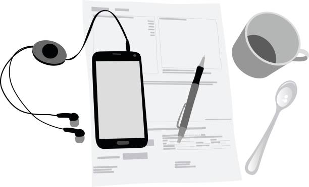 Coffeeshop Ready Equipment A vector silhouette illustration of personal items layed out on a table including a smart phone with headphones, a document, pen, coffee cup with coffee, and stirring spoon. tax silhouettes stock illustrations