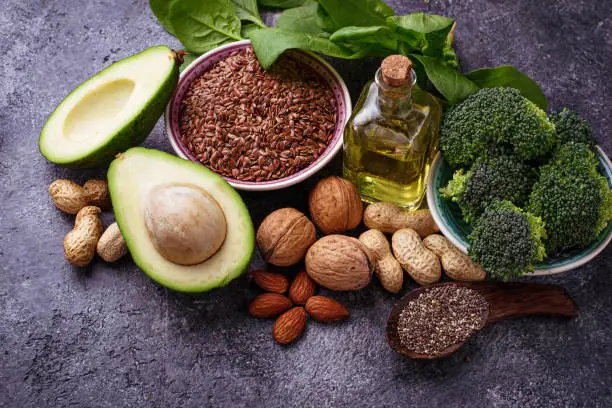 Vegan fat sources â  flax, spinach, broccoli, nuts, olive, oil and avocado. Concept of healthy food