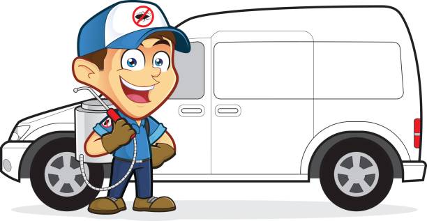 Exterminator or pest control standing in front van Clipart picture of an exterminator or pest control cartoon character standing in front van insecticide stock illustrations