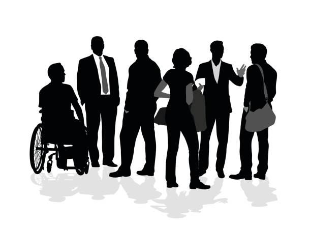 Diversity Group A vector silhouette illustration of a group of business people including both men and woman, younger and older, and a man in a wheelchair. shadow team business business person stock illustrations